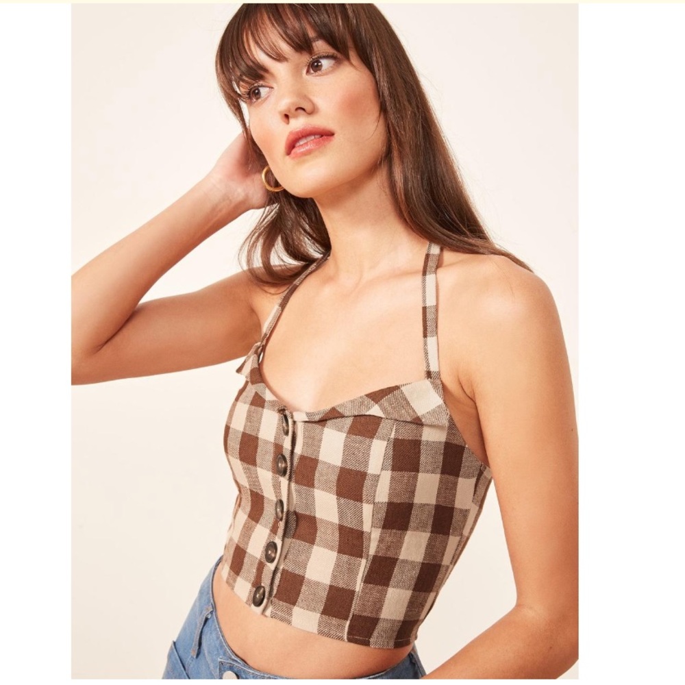 NWT Reformation Connie Gingham Halter Top in Havana print